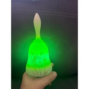 Fenton Uranium Glass Hand-Painted Bell Floral Custard Satin UV Glow Signed